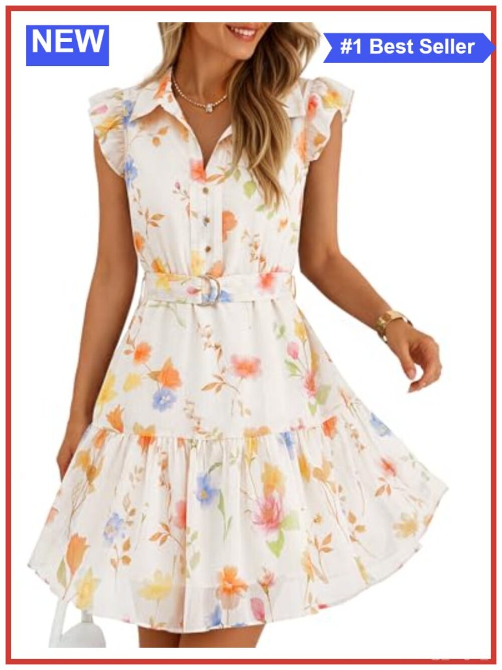 Floral Chiffon Mini Dress with Ruffled Sleeves & Tie Belt